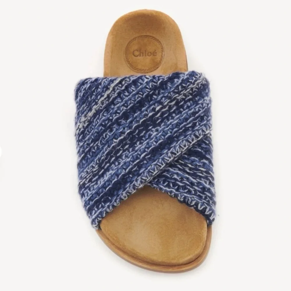NWT CHLOE WAVY FLAT MULE in blue cashmere and tan suede - size 35